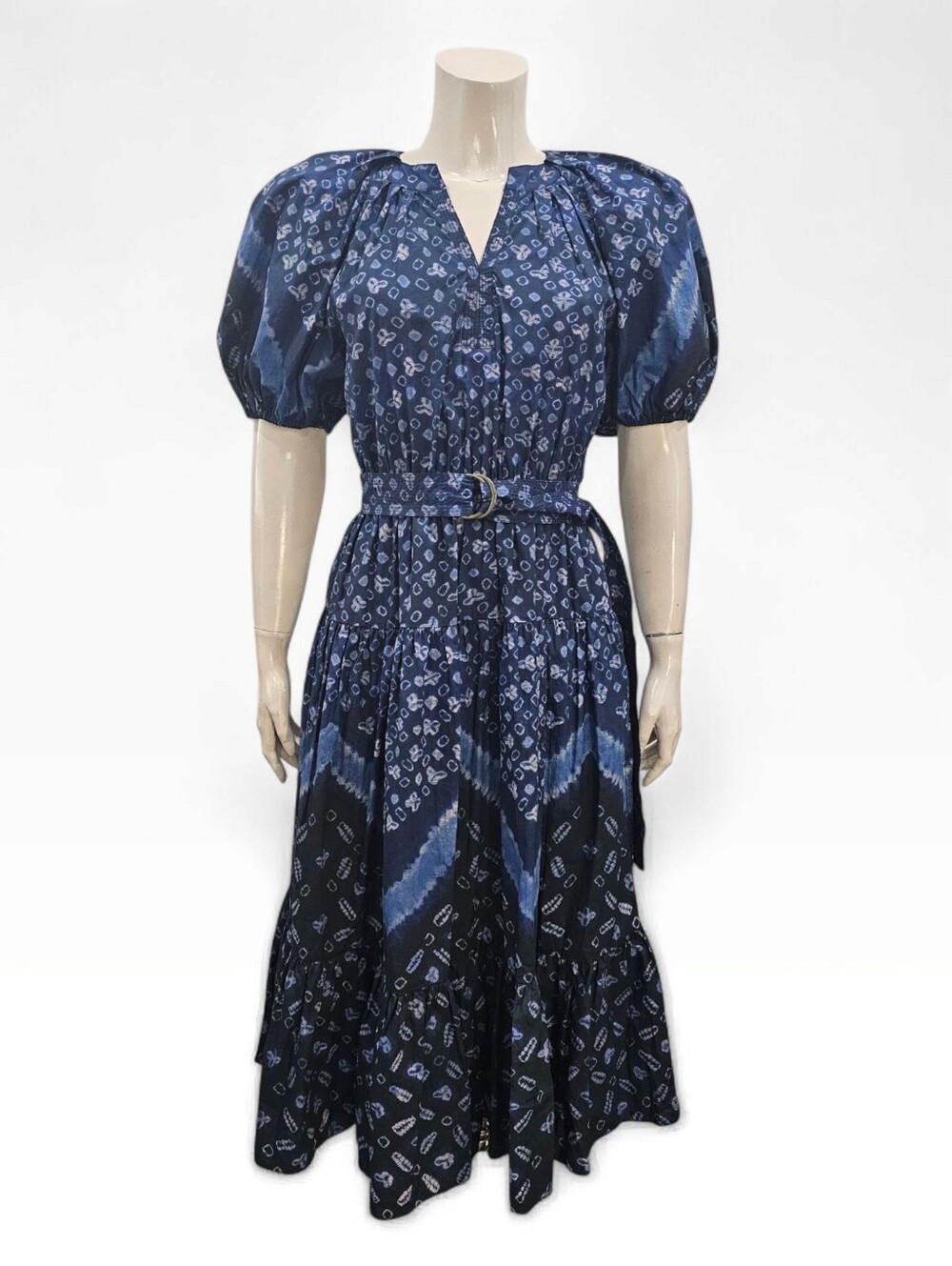 ULLA JOHNSON Josefina Blue Cotton Boho Midi Puff Sleeve Belted Dress S